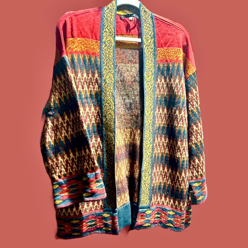 Peruvian Connection Southwestern Print knit Open Pima Cotton Alpaca size M